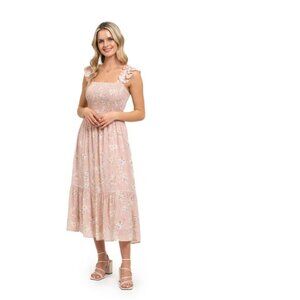 August Sky Women's Smocked Floral Midi Dress pink multi SMALL